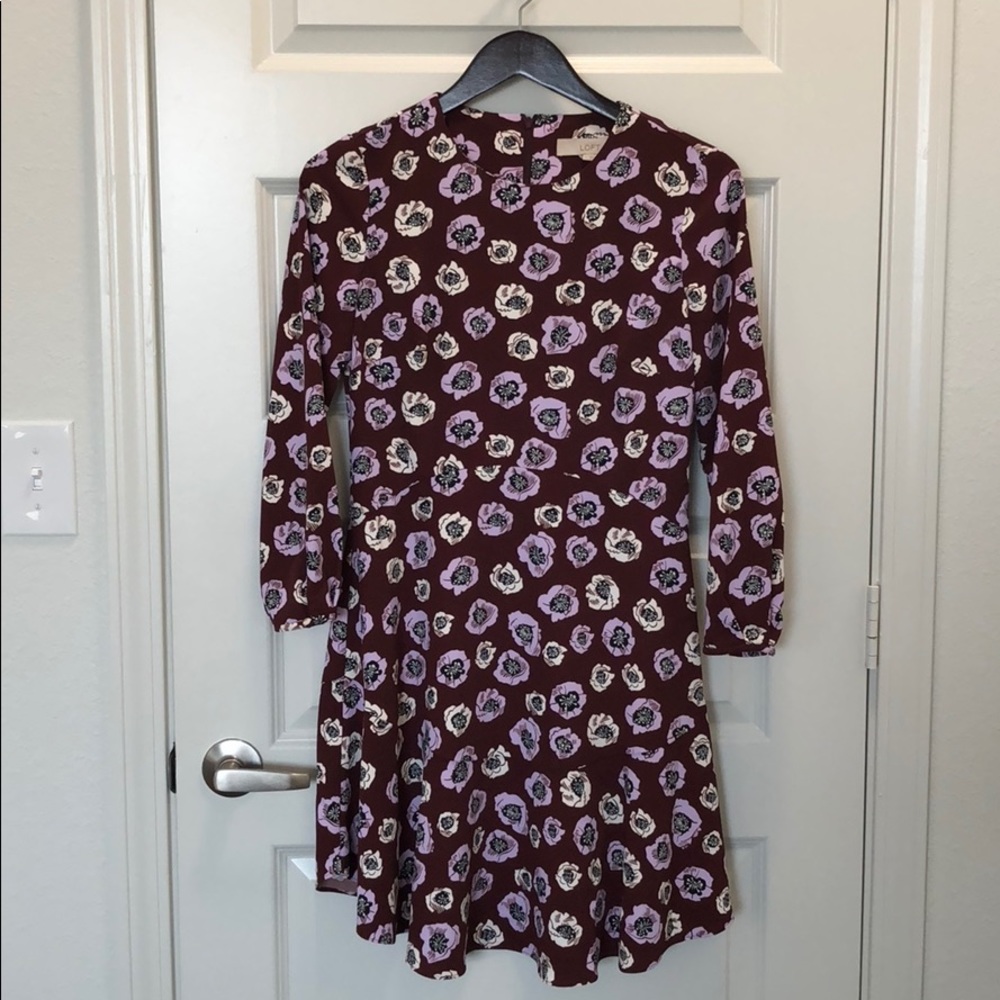 Ann Taylor LOFT Floral Dress | Size 0 | Burgundy Floral Long Sleeve Dress